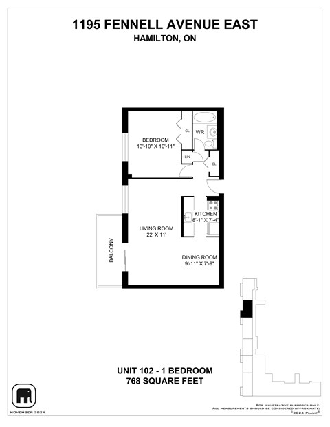A floor plan for a unit at 1195 Fennell Avenue East in Hamilton, Ontario.